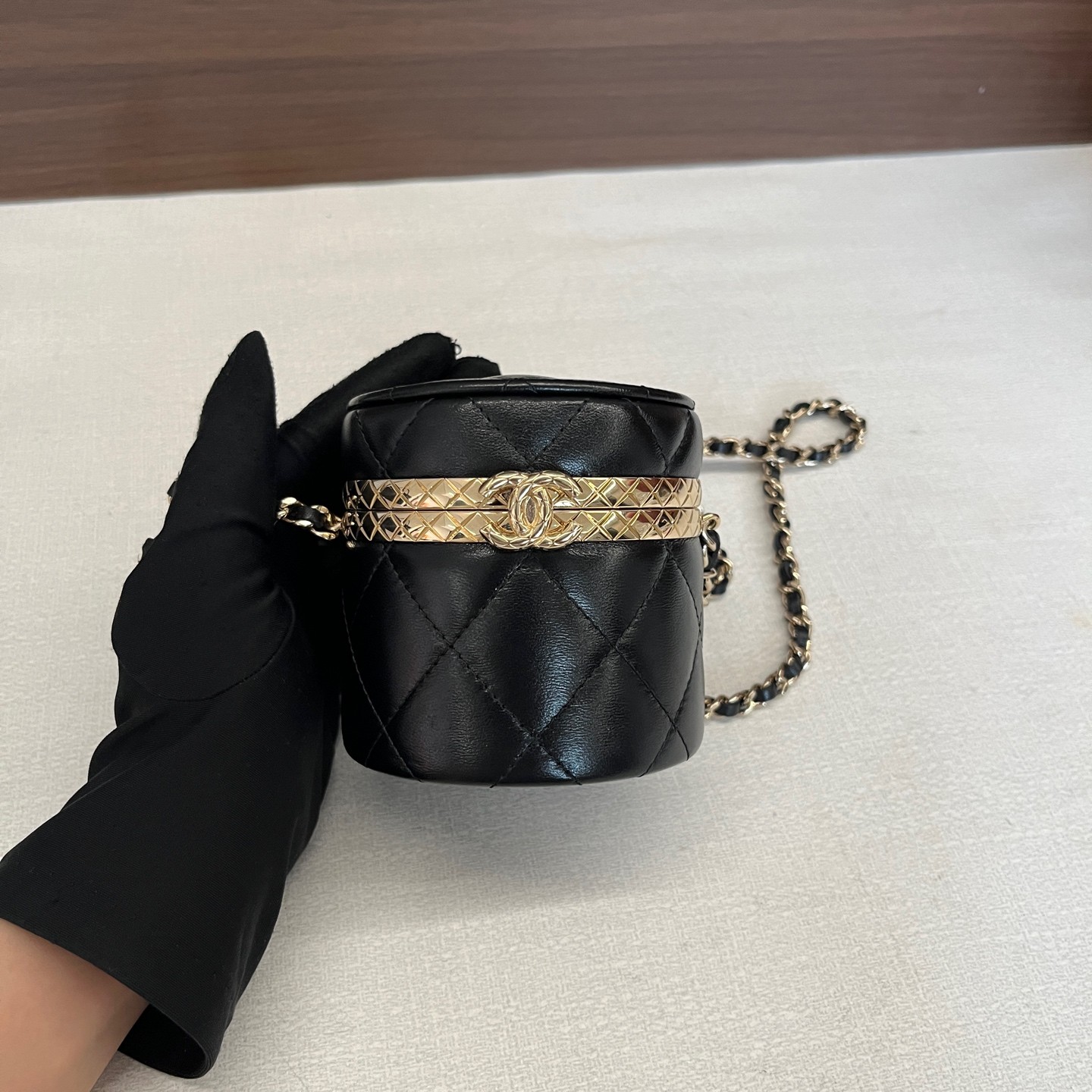 Chanel 22K Mini Black Gold Lambskin Leather Crossbody Cosmetic Bag US Ship
