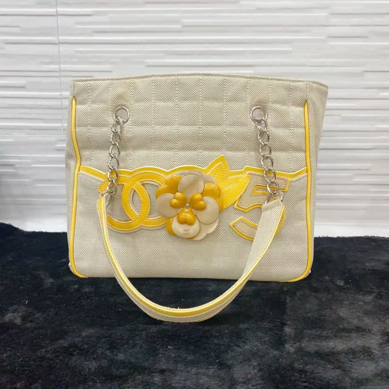 CHANEL Coco Mack Chocolate Bar Camellia No.5 Hand Bag With Seal Auth #56624A