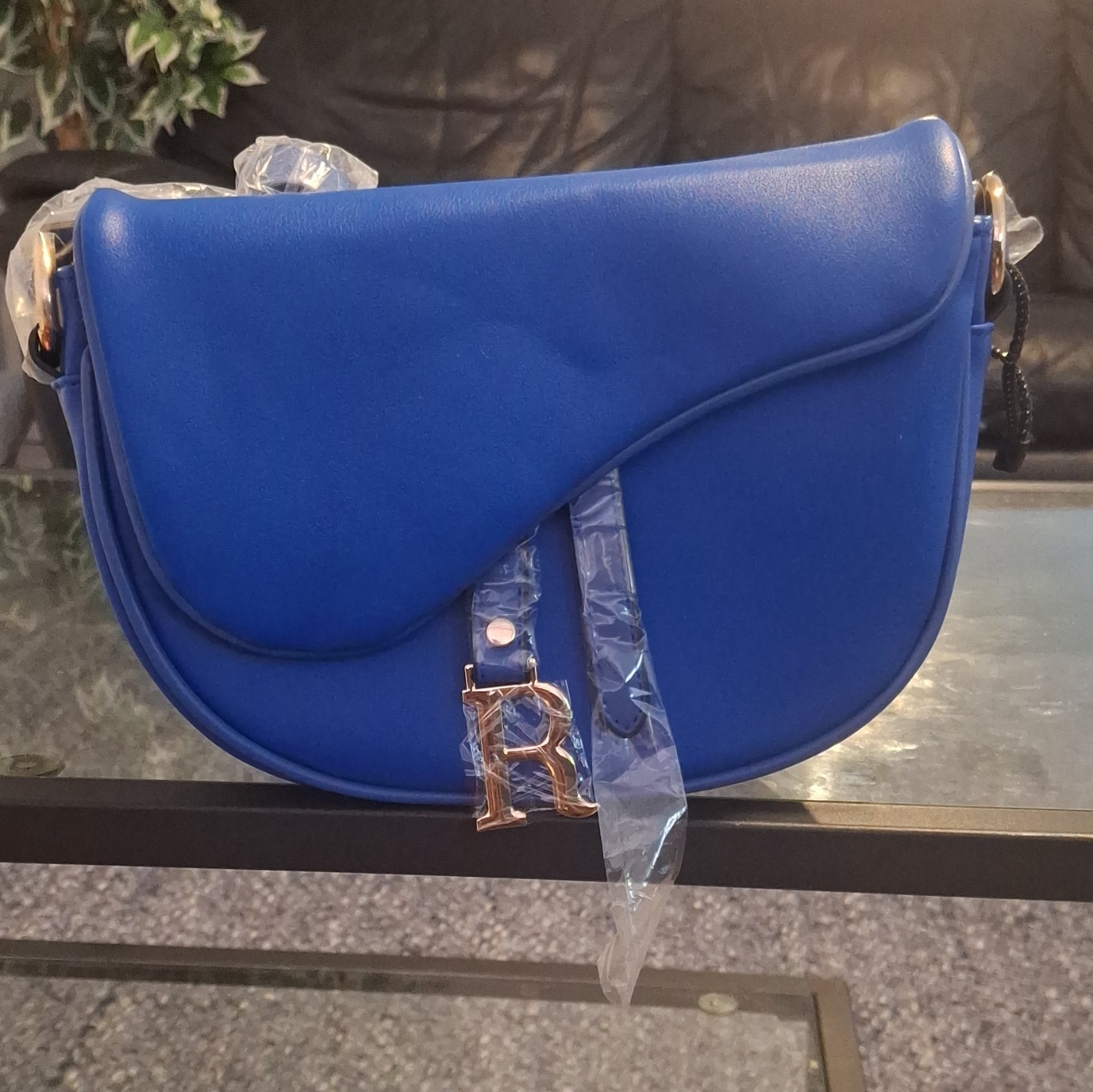 Women’s Blue Solid Saddle Flap Shoulder/Crossbody Bag Magnetic Gold Logo