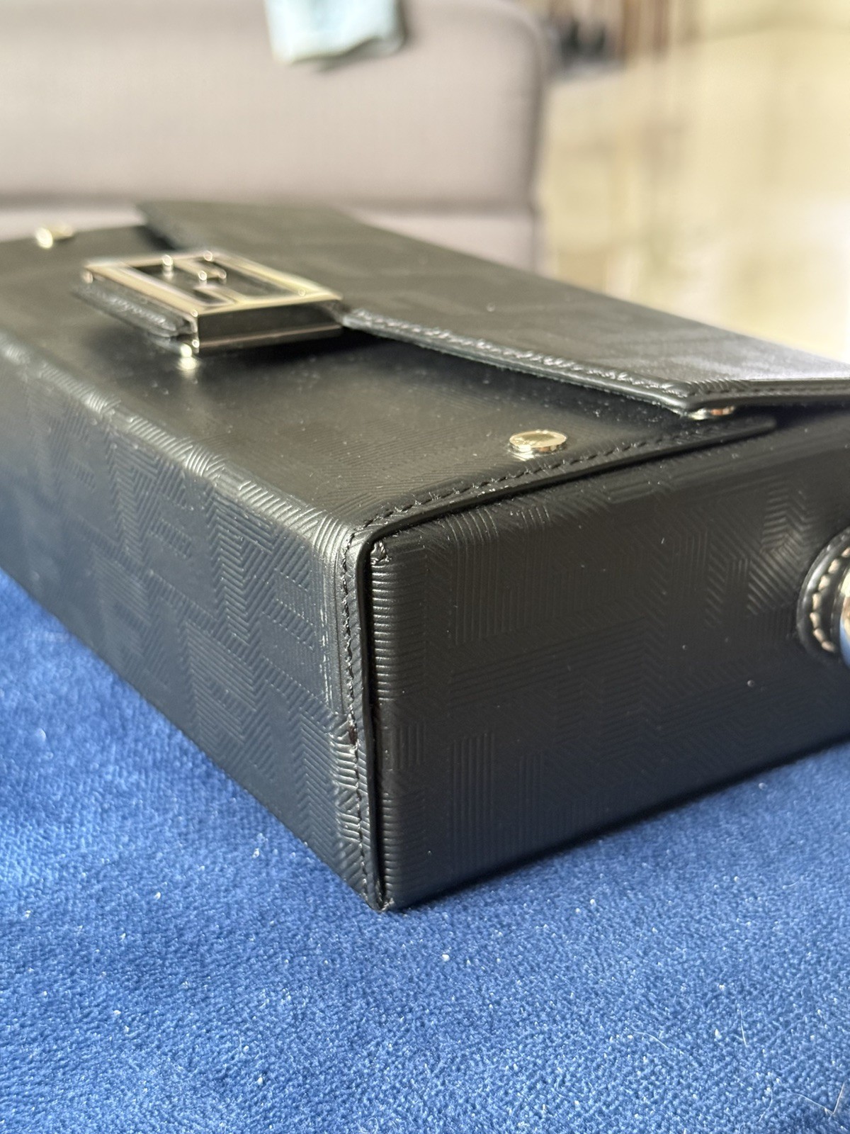 Fendi Vitello King FF Lines Embossed Baguette Soft Trunk Black