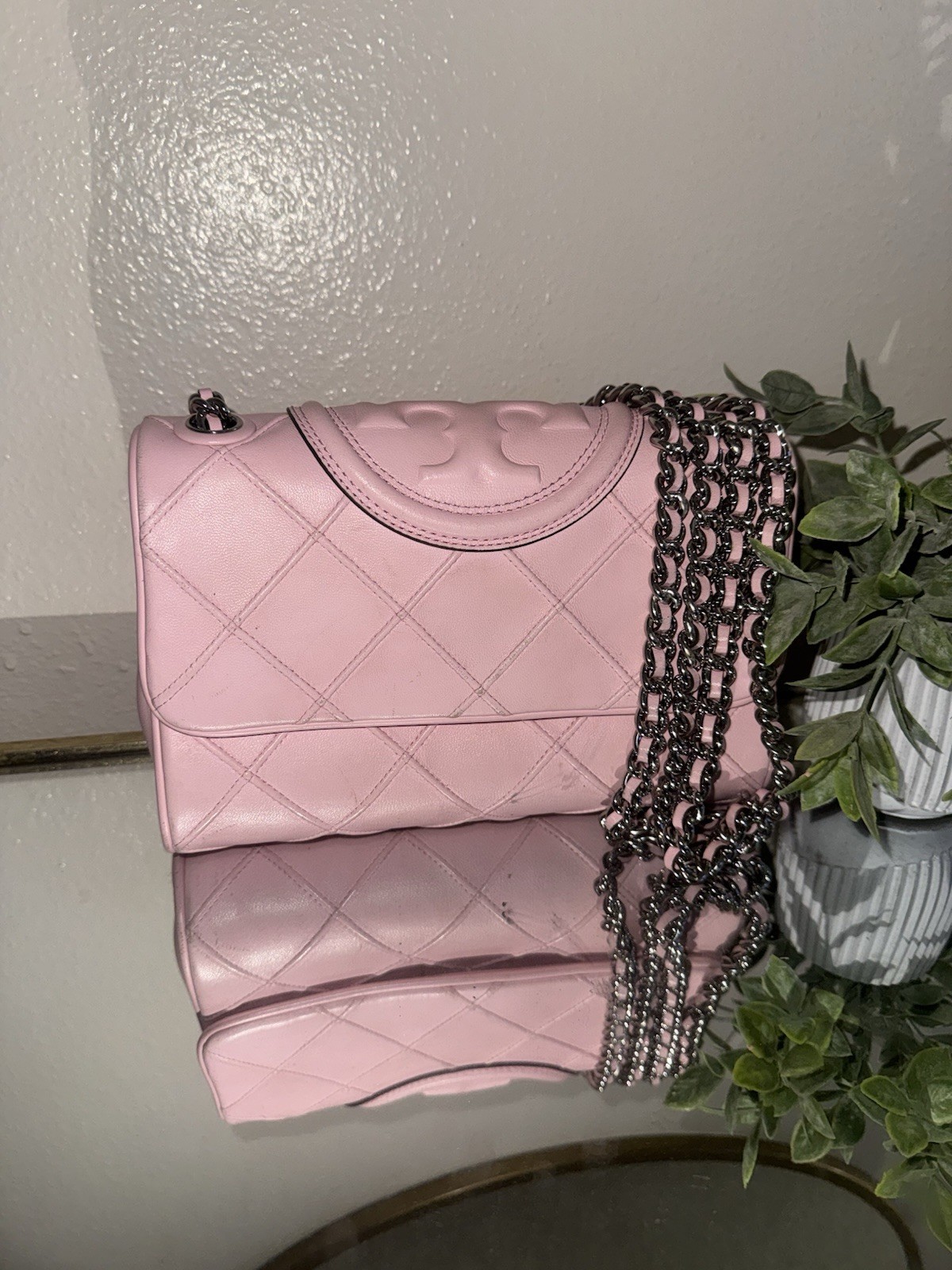 Tory Burch Pink Quilted Shoulder Bag Logo Accents Silver Chain Strap