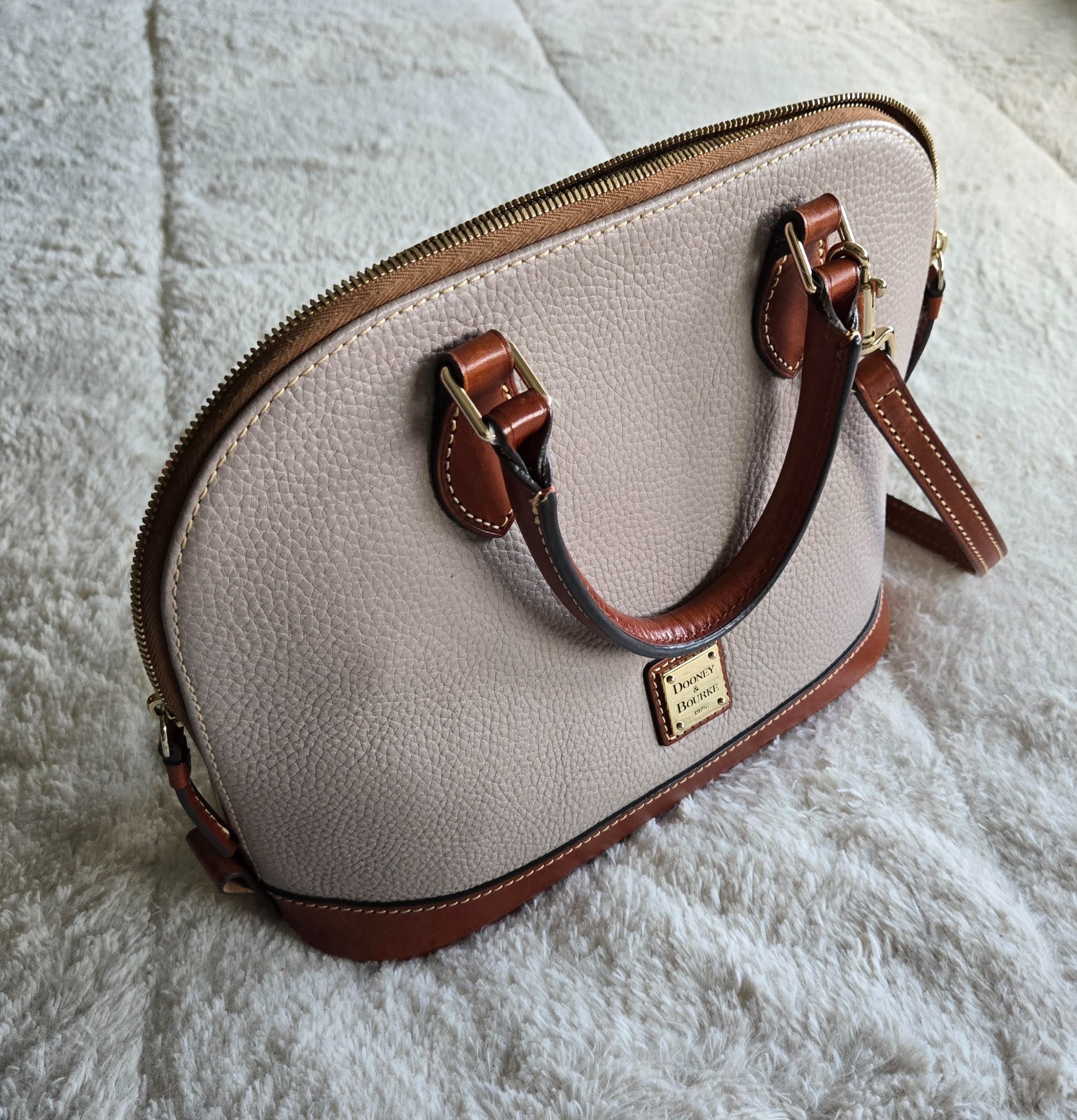 DOONEY & BOURKE PEBBLE GRAIN ZIP ZIP SATCHEL HANDBAG in TAUPE with BLUE DUST BAG