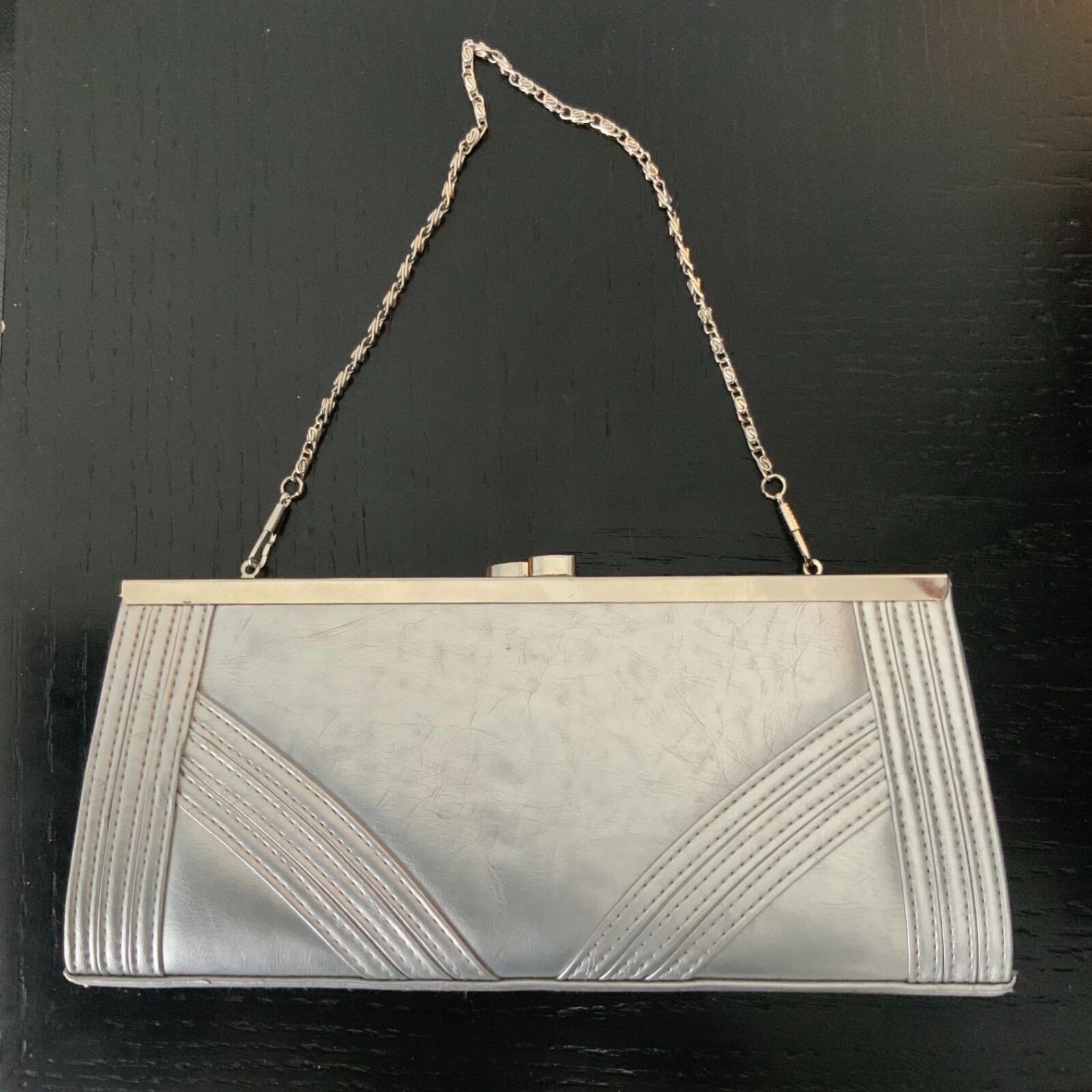 MEDIUM SILVER Leatherett CLUTCH BAG w METAL Removable Chain Evening or Every Day