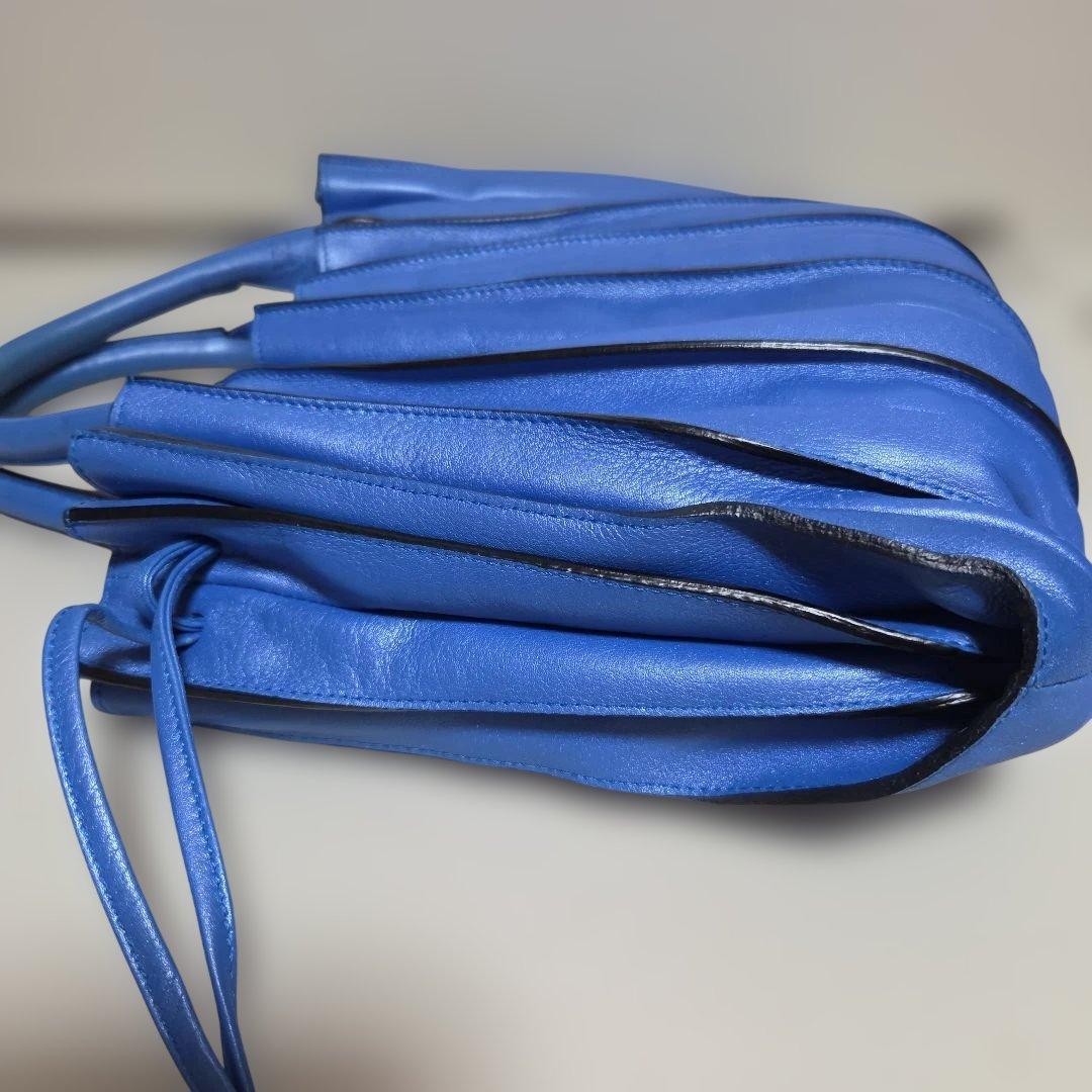 LUPO Barcelona Pleated Handbag Tote Bag Leather Blue Used #3253