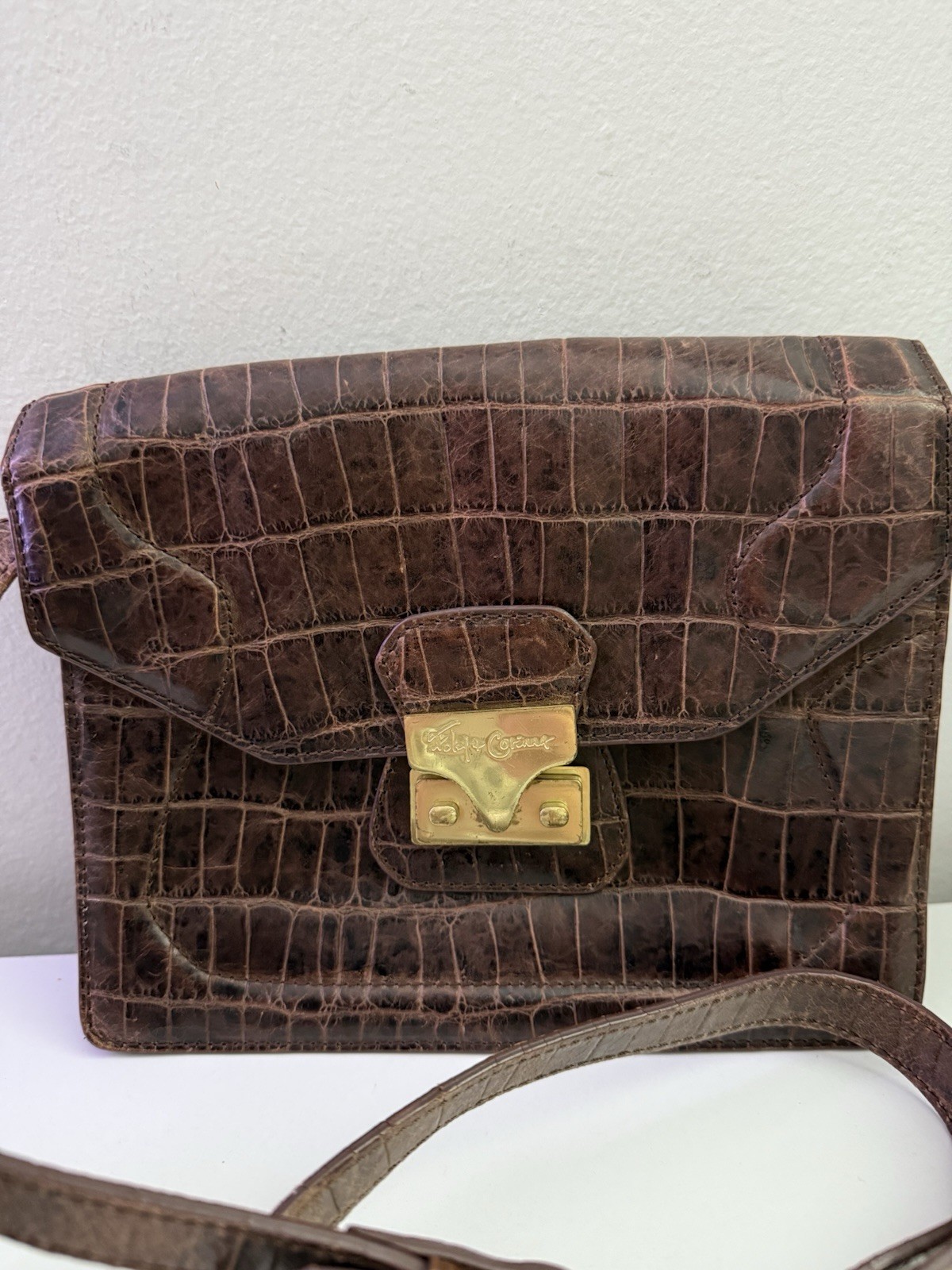 Brown Foley + Corinna Cocodrille Leather Vintage Crossbody Bag