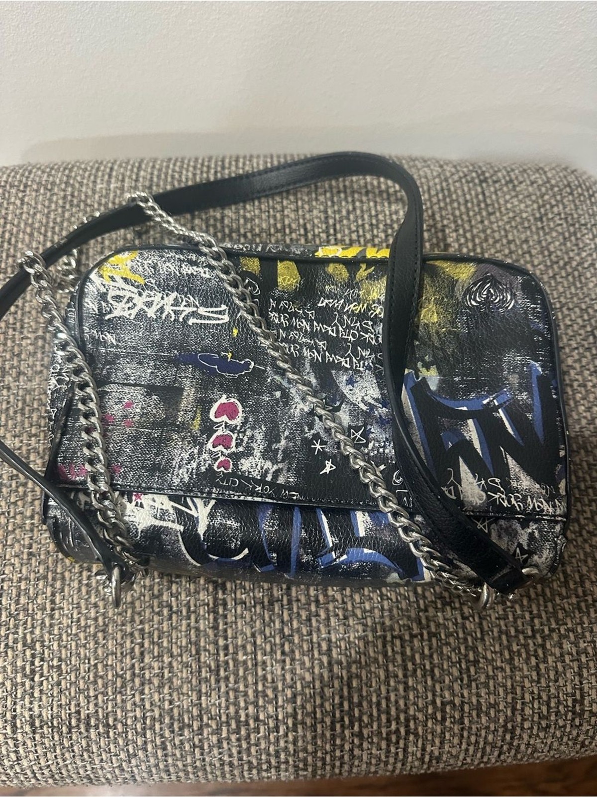 DKNY Sina Flap Graffiti-Print Crossbody Bag in Black with Yellow & Pink Accents