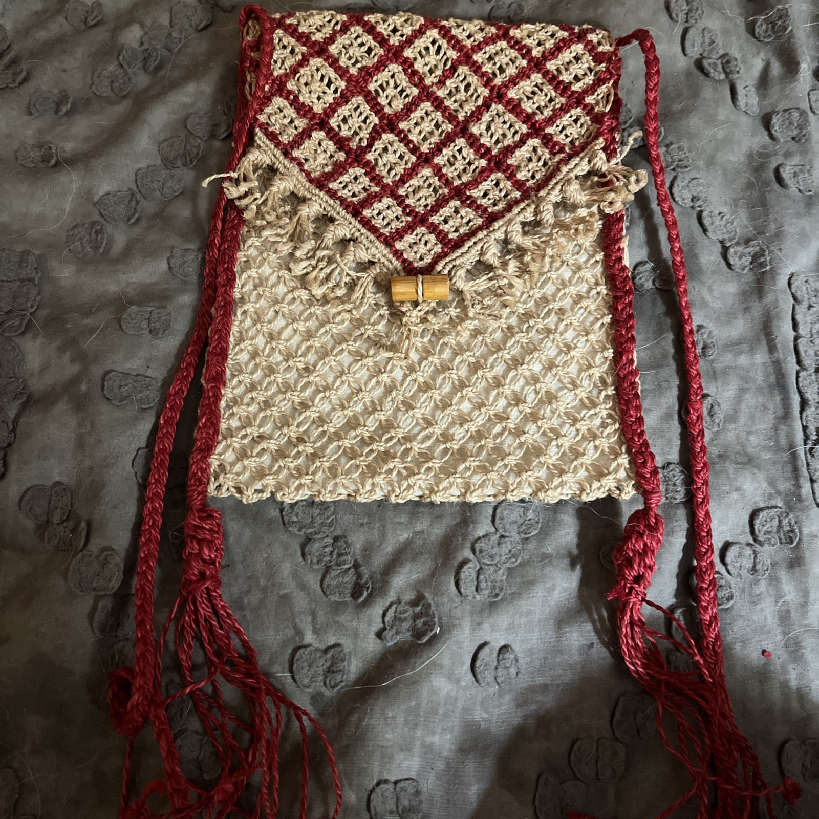 Vintage 1995 Handmade Nepalese Nepal hand woven purse white & red 6.25″X6.25″