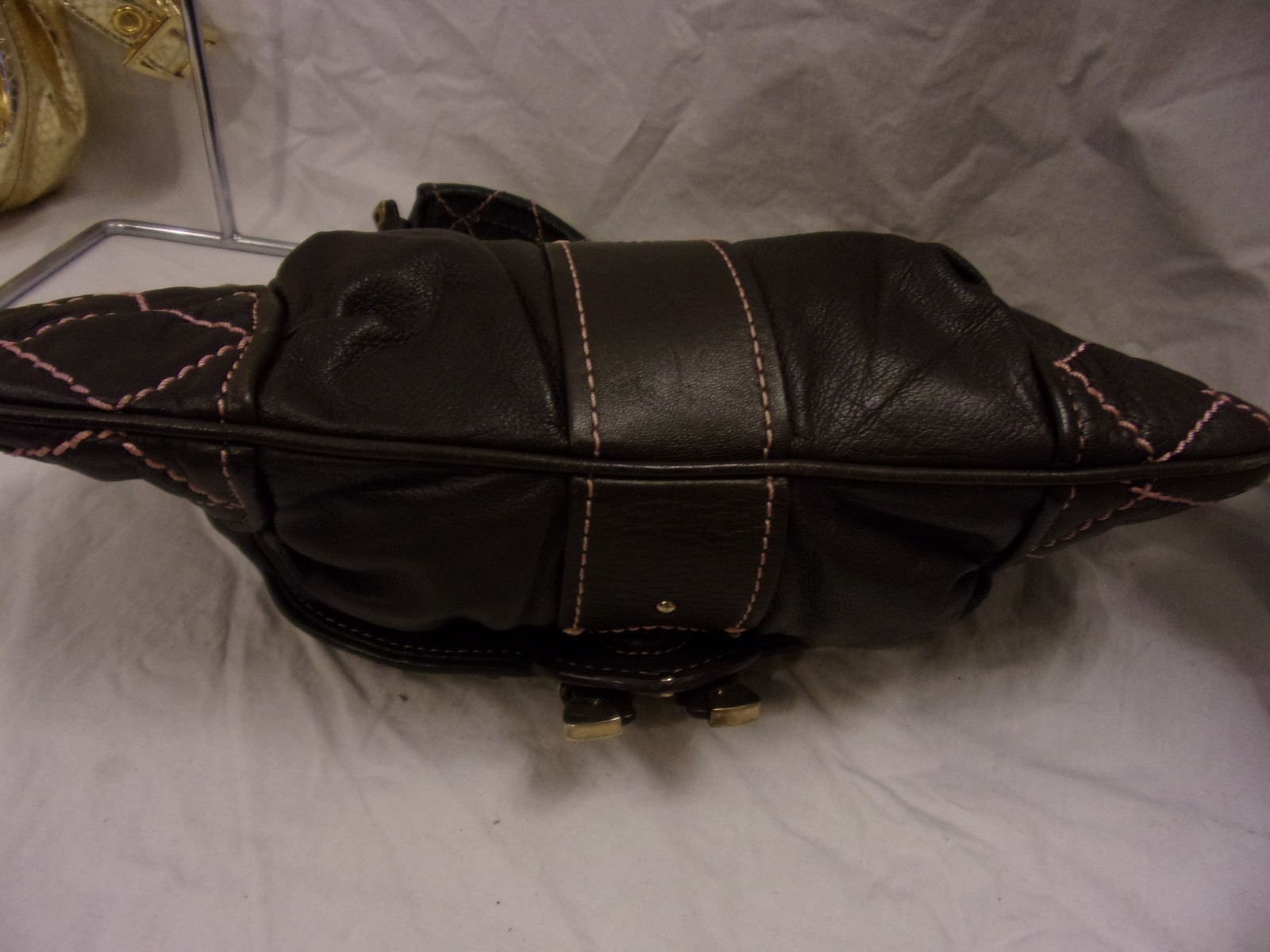 Vintage Y2K Juicy Couture Brown Leather Pink Stitch Quilted Hobo Studded Bag
