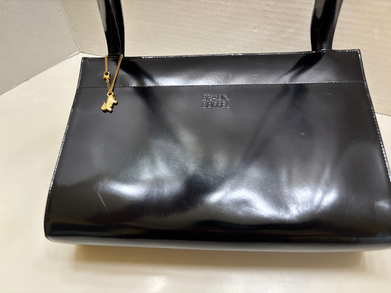 Braun Buffel Black Patent Leather Gold Logo Chain Shoulder Handbag
