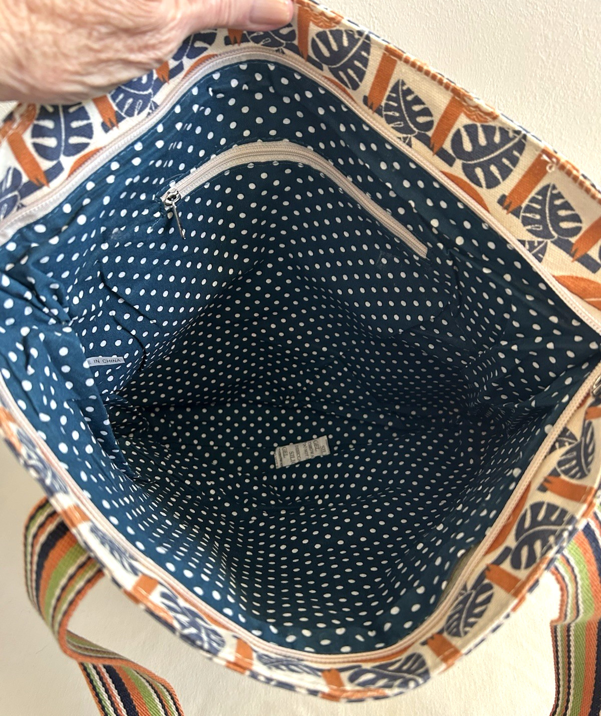 Bungalow 360 Bag Sloth Print Cotton Canvas Tote Purse Blue Orange Cream Pockets