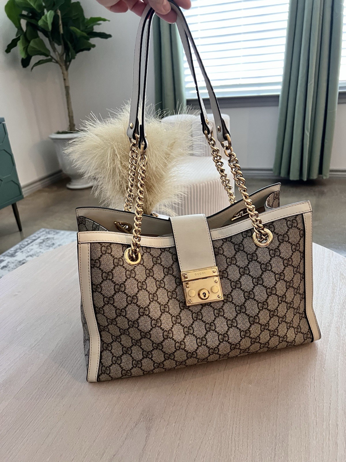 Gucci Padlock Medium GG Supreme Canvas Tote White Leather Gold Hardware