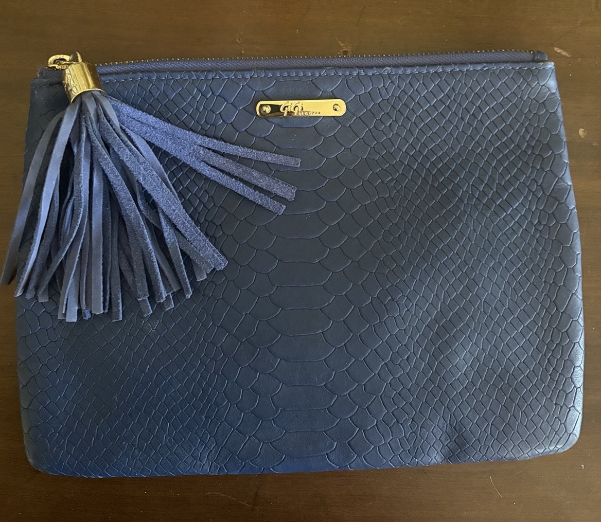 Gigi New York Small Zip Python Bag Blue SZ 4X6 Zip With Tassel
