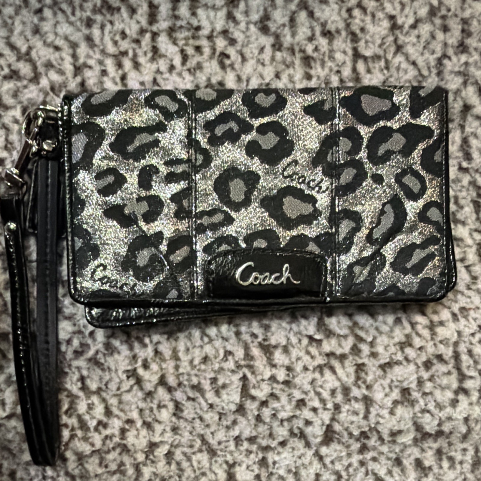 Coach Metallic Leopard Print Shoulder Bag, Silver/Black, Wristlet, Purple Lined