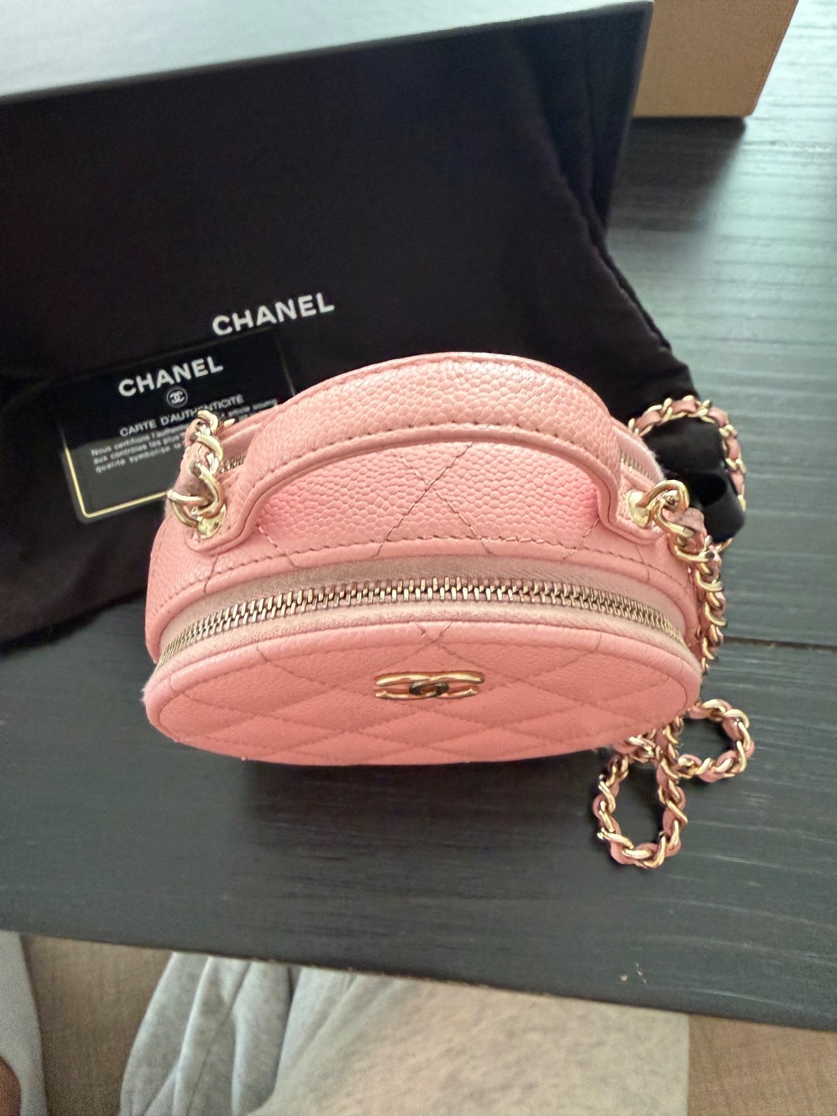 CHANEL Pink Caviar Quilted Round Vanity Case with Chain