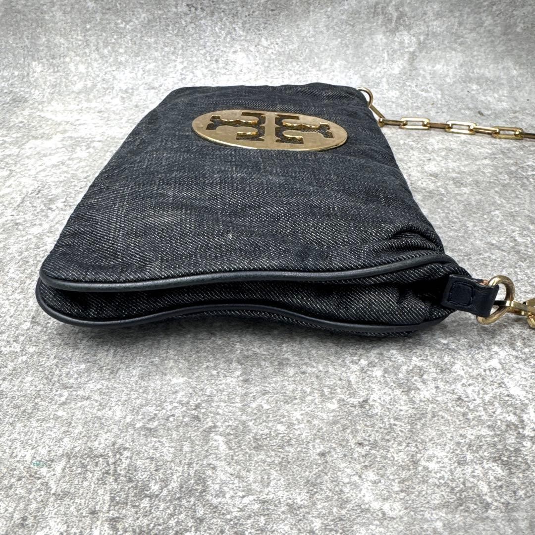 Tory Burch Amanda Denim One Shoulder Bag Gold Chain Excellent Authentic