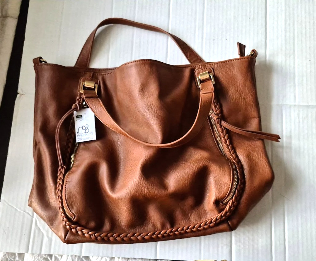 Urban Expressions Brown Vegan Leather Large Shoulder Handbag Tote 18″ X 14″