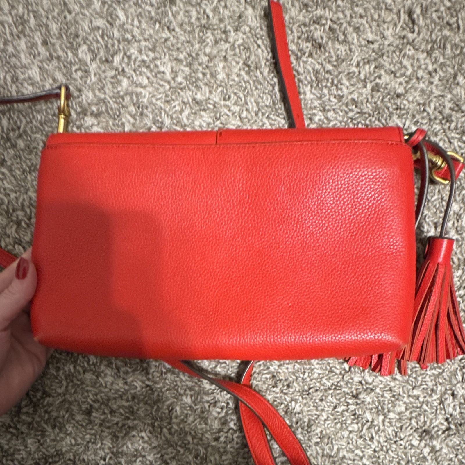 Tory Burch Small Red Pebbled Crossbody Tassel Logo Gold Detachable Strap