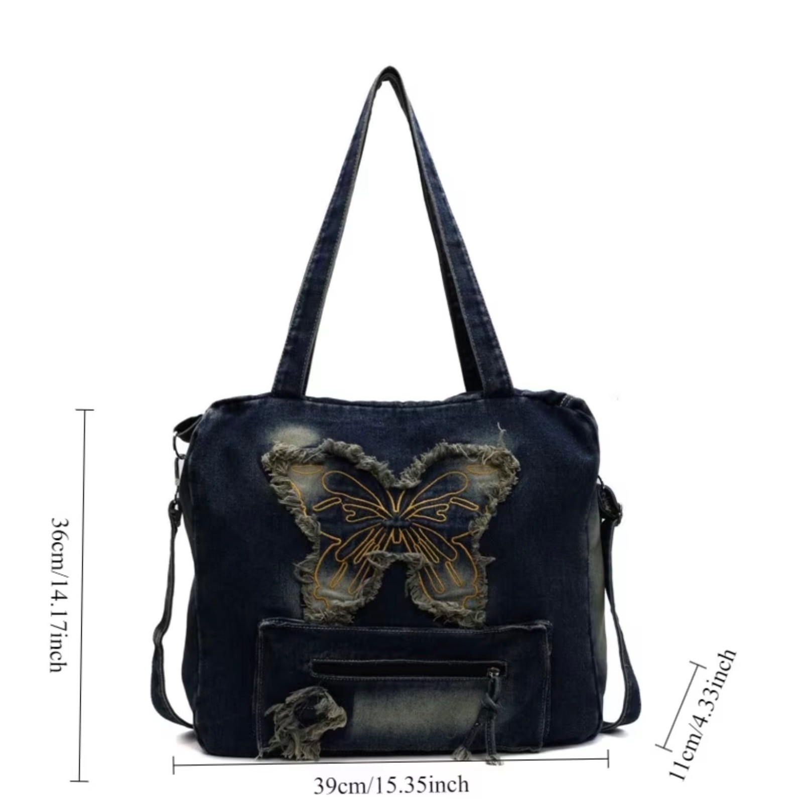 Dark Blue Denim Crossbody Shoulder Bag With Butterfly Design
