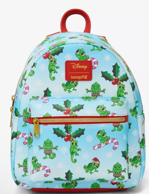 Loungefly Tangled Rapunzel Pascal Holiday Christmas Blue Mini Backpack AOP NWT