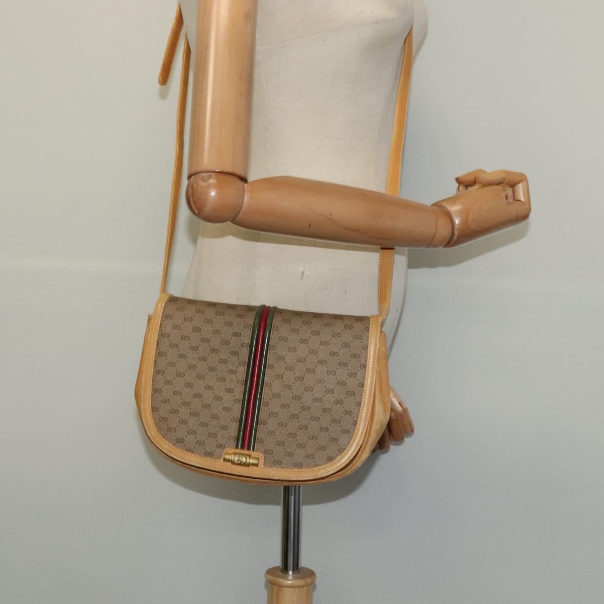 GUCCI Micro GG Supreme Web Sherry Line Shoulder Bag PVC Beige Gold Auth 123106