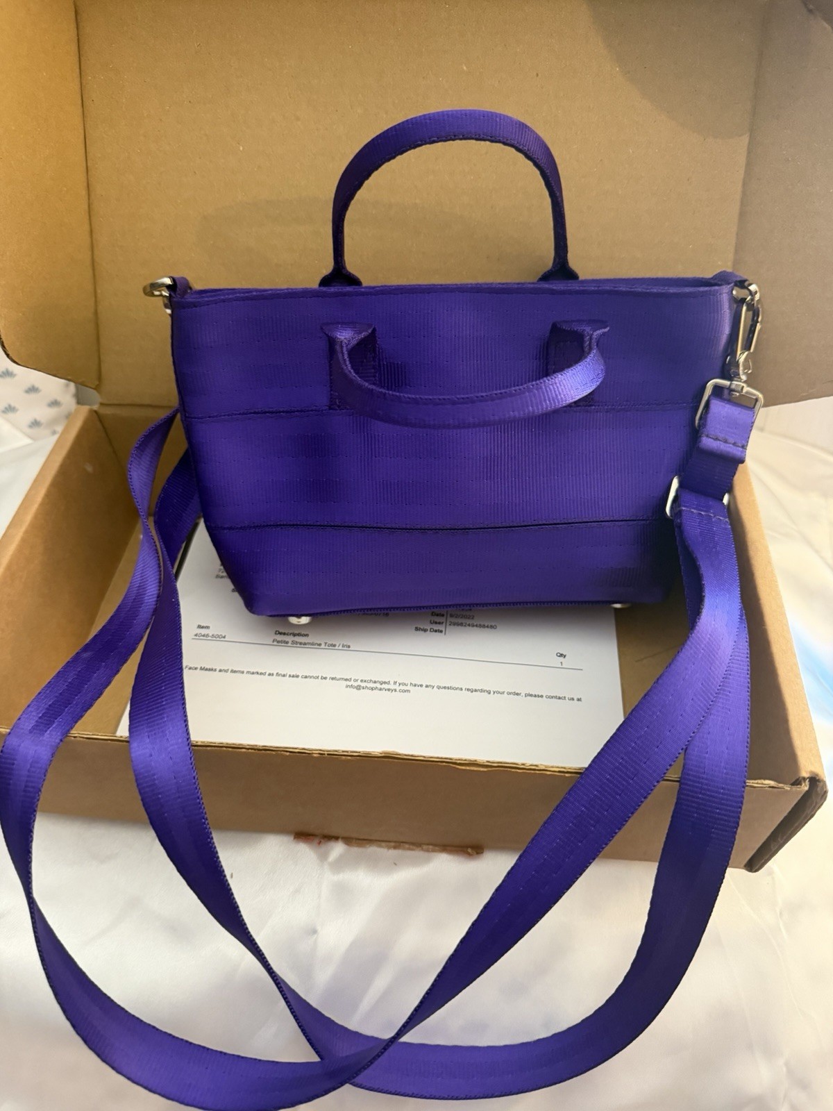 Harveys Purple Small Satchel Top Handle Bag Zip Closure Inner Pockets Strap