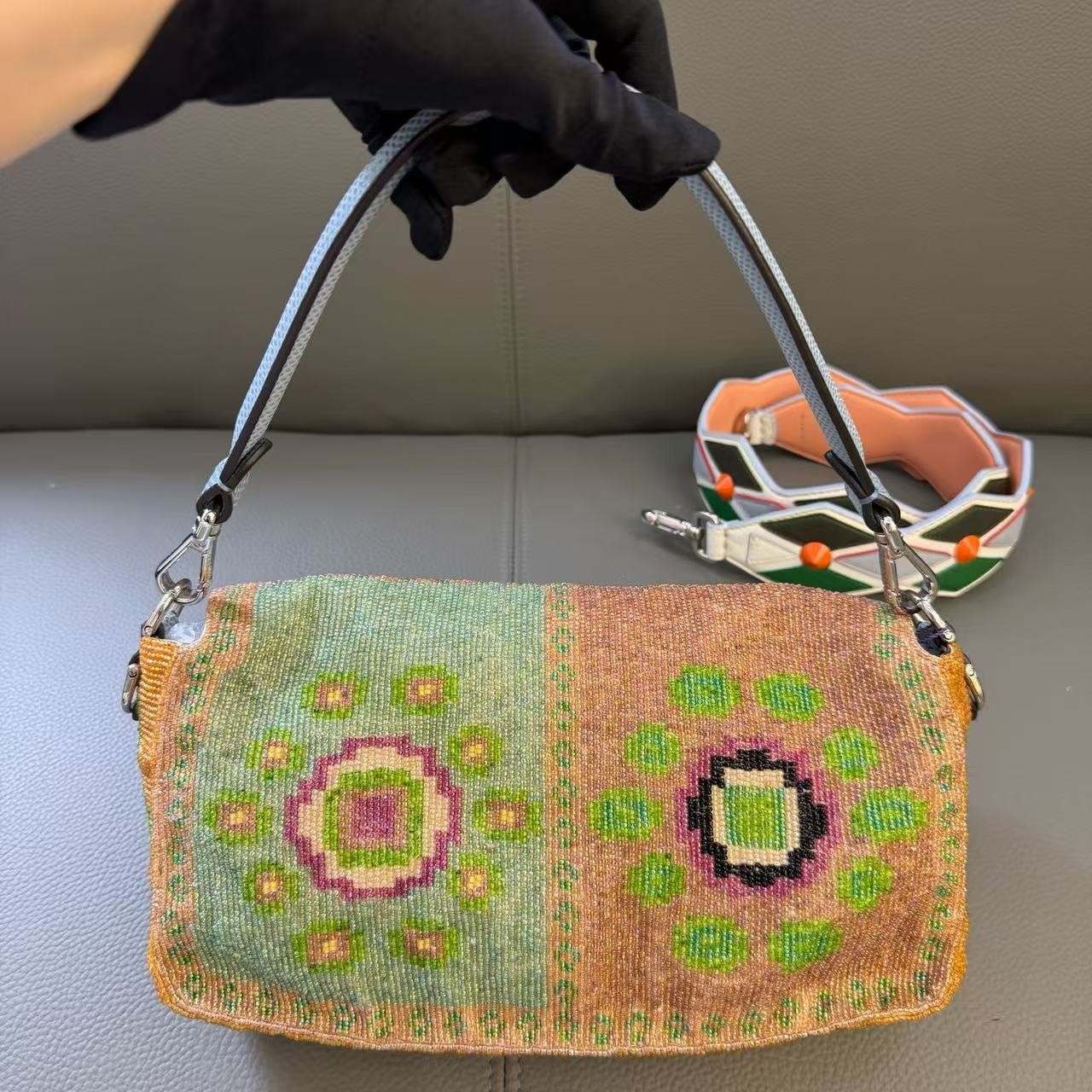 AUTH Fendi Baguette Medium Multicolor Geometric Beaded Pattern Silver Hardware
