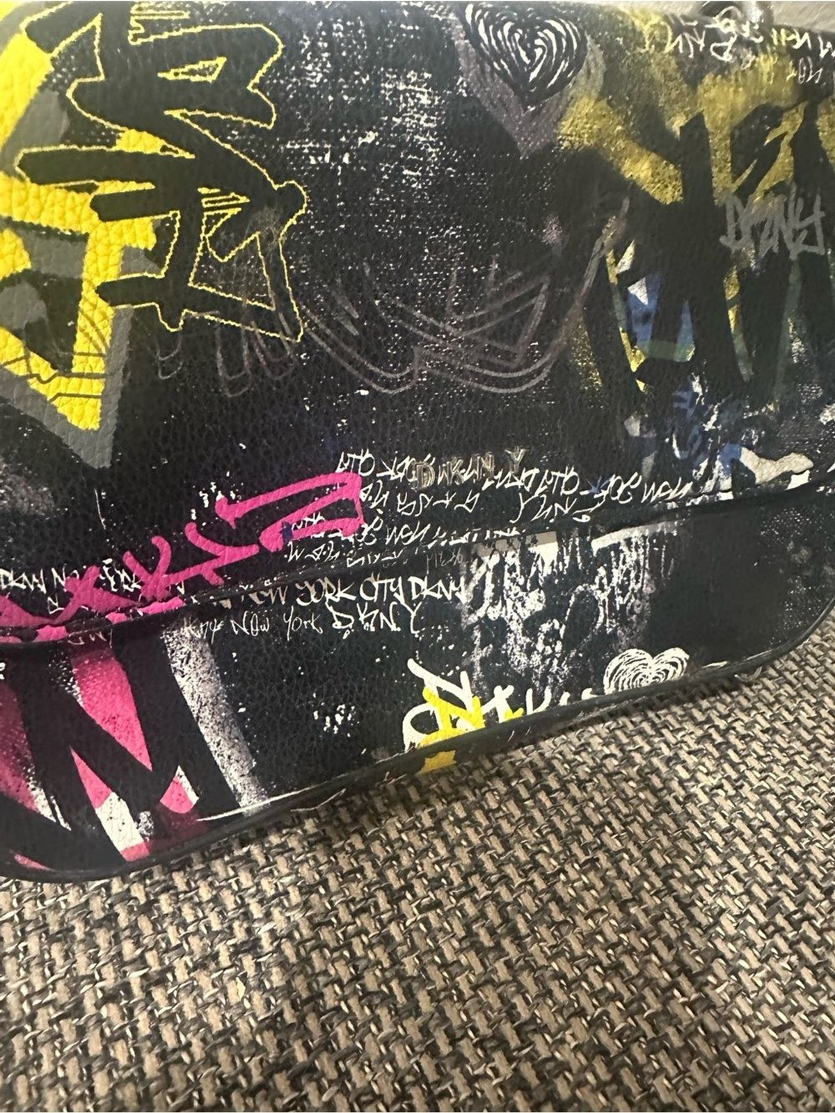 DKNY Sina Flap Graffiti-Print Crossbody Bag in Black with Yellow & Pink Accents