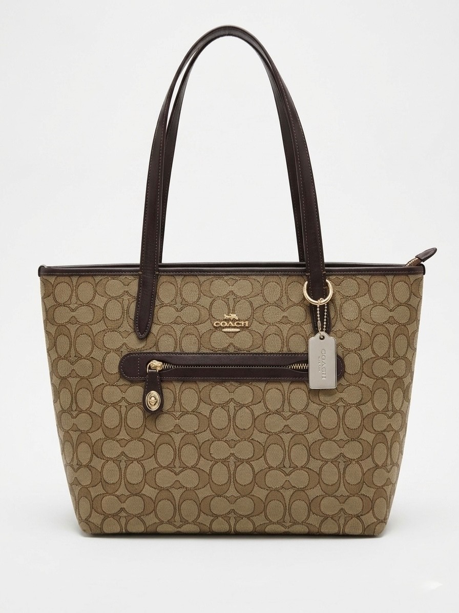 Coach Taylor Tote 37229 Brown Signature Jacquard with Leather Trim