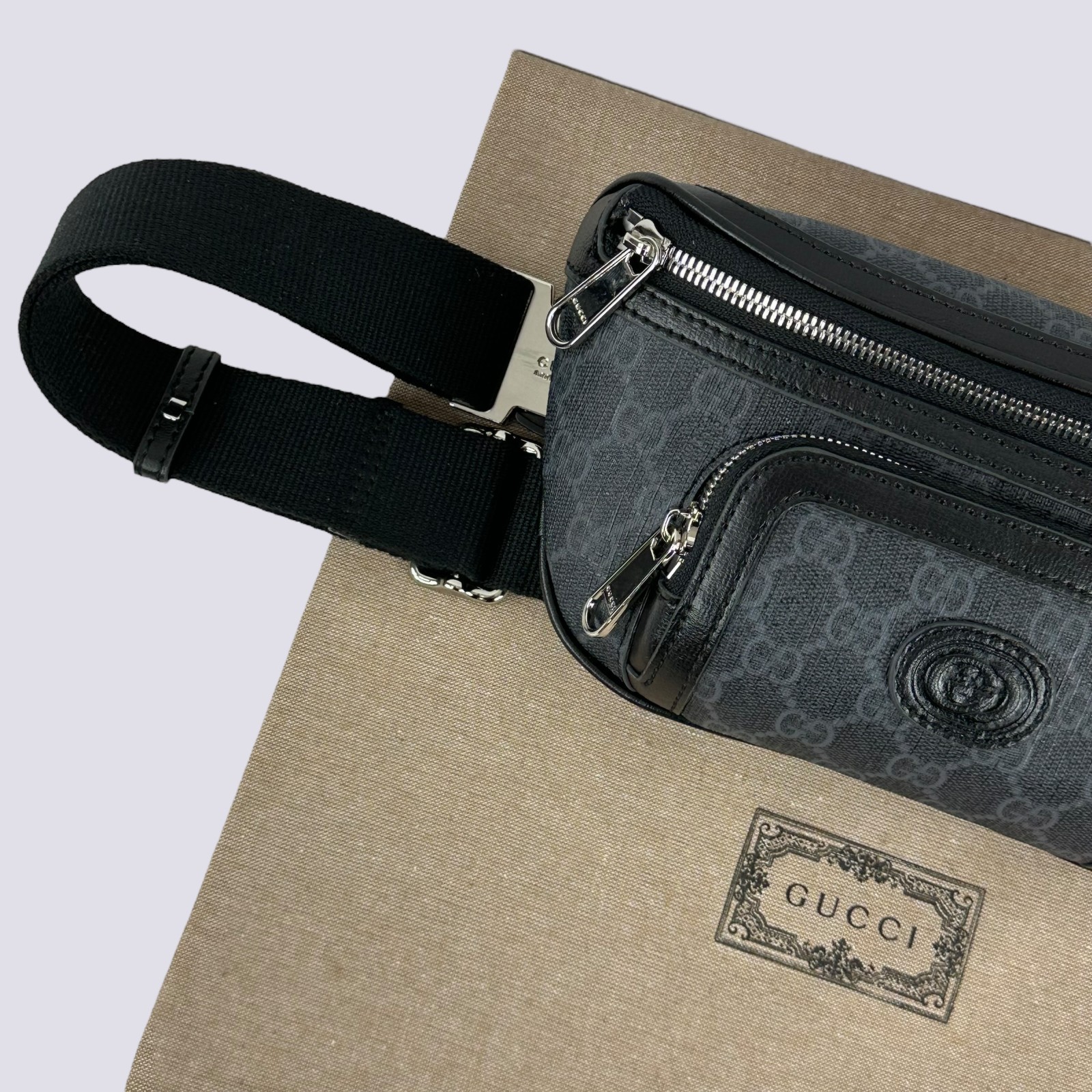 Gucci GG Monogram Interlocking G Canvas Leather Crossbody Belt Bag Black 682933