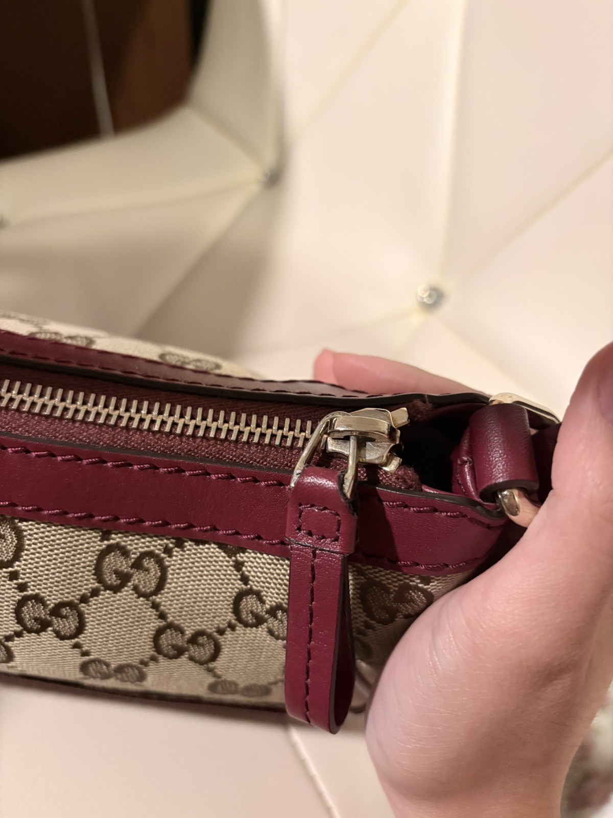 GUCCI Vintage GG Logo Monogram Canvas Mayfair Shoulder Bag Beige Red Ribbon