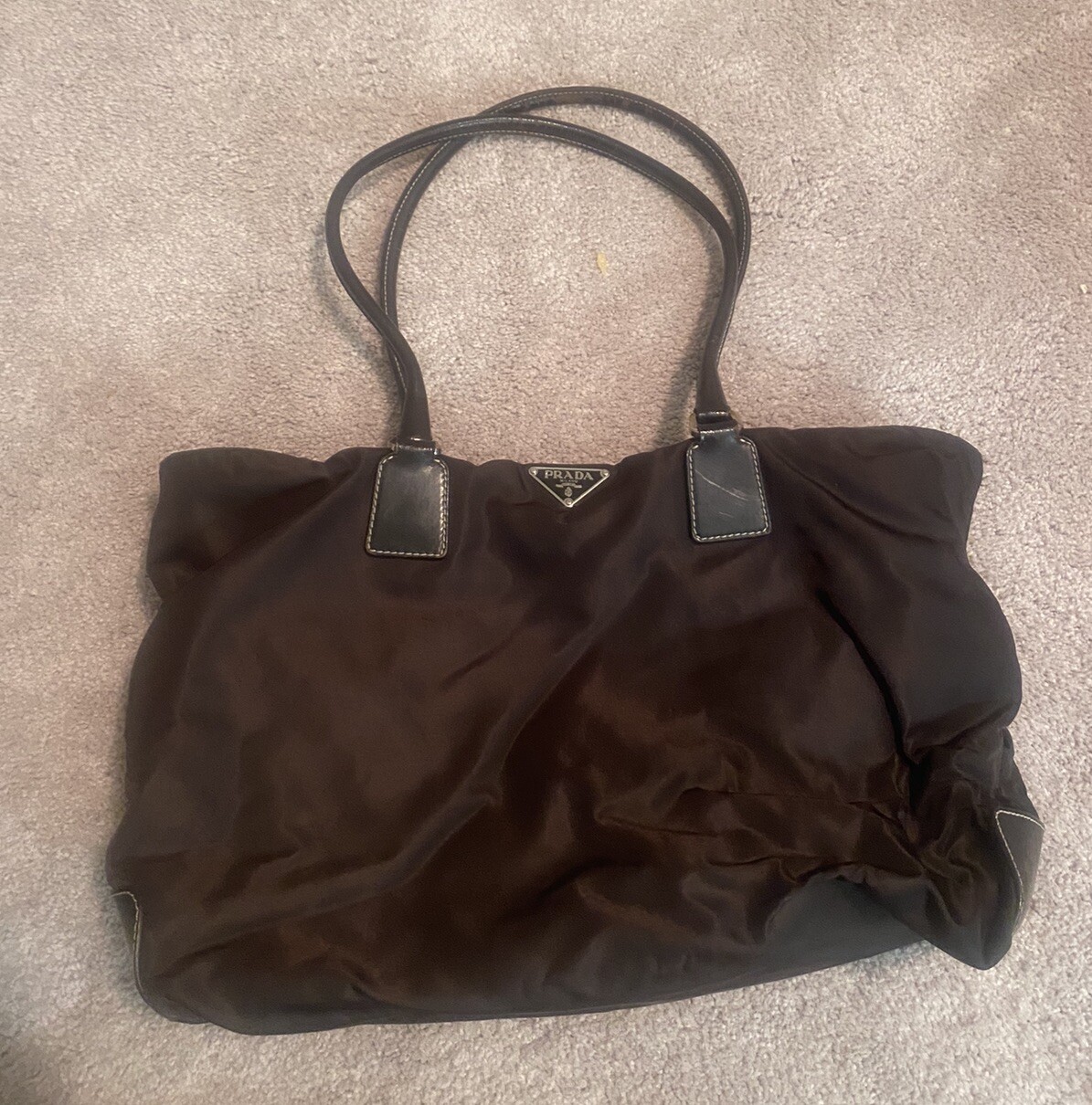 PRADA Tessuto NYLON Brown Leather Shoulder Bag handle Wear As Shown