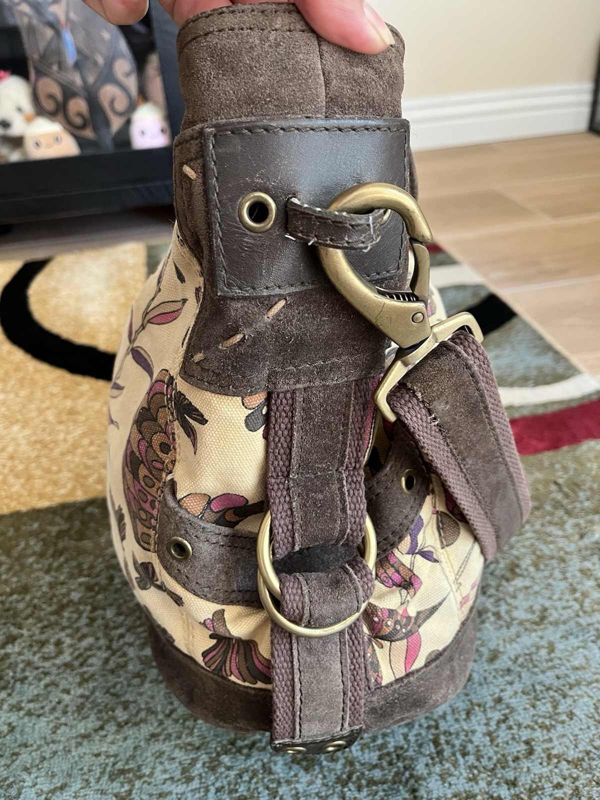LUCKY BRAND Runaway Carryall Canvas Suede Leather Hobo Crossbody Shoulder Bag XL