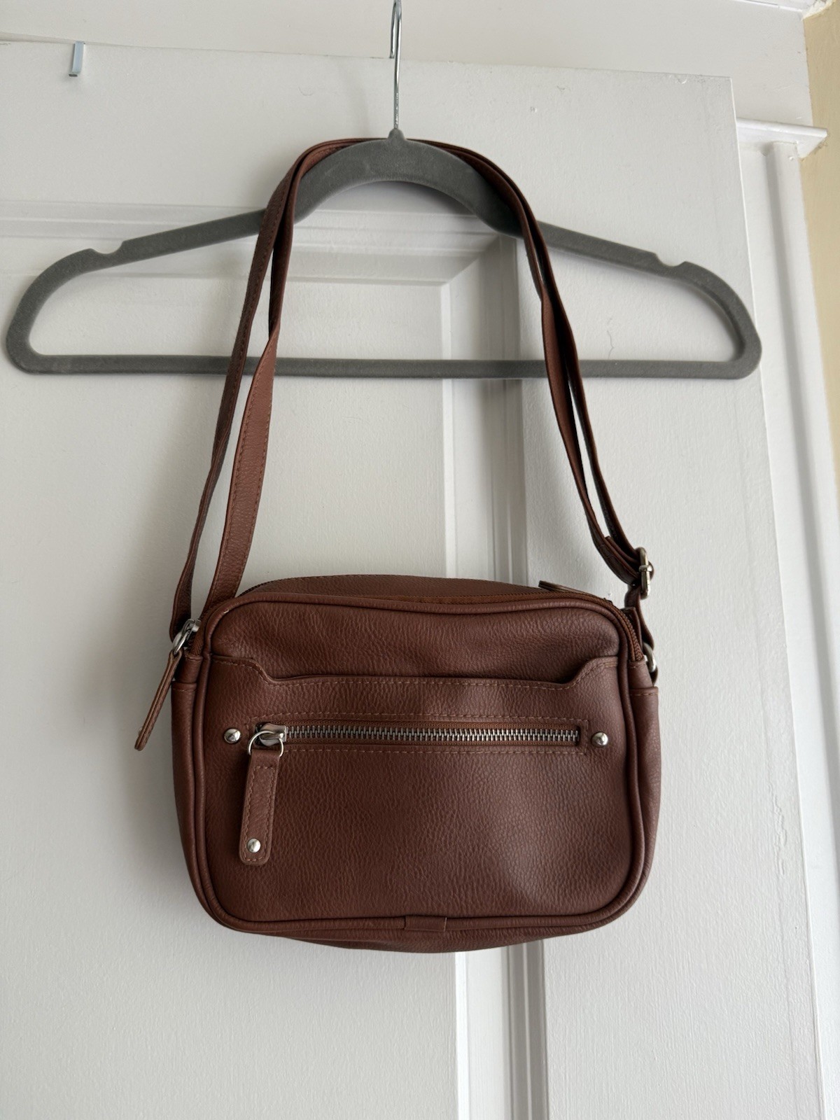 Women’s Brown Pebbled Crossbody Bag w/ Front Zip Pocket, Adjustable Strap