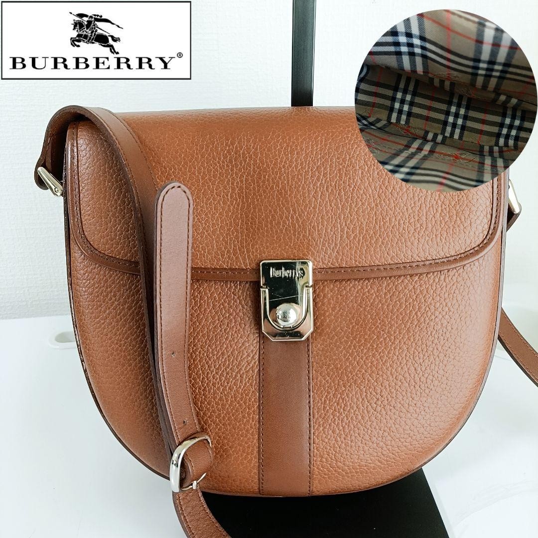 Burberry Shoulder Bag Nova Check Leather Brown Gold Logo Used 8.3×8.3×2.4 inches