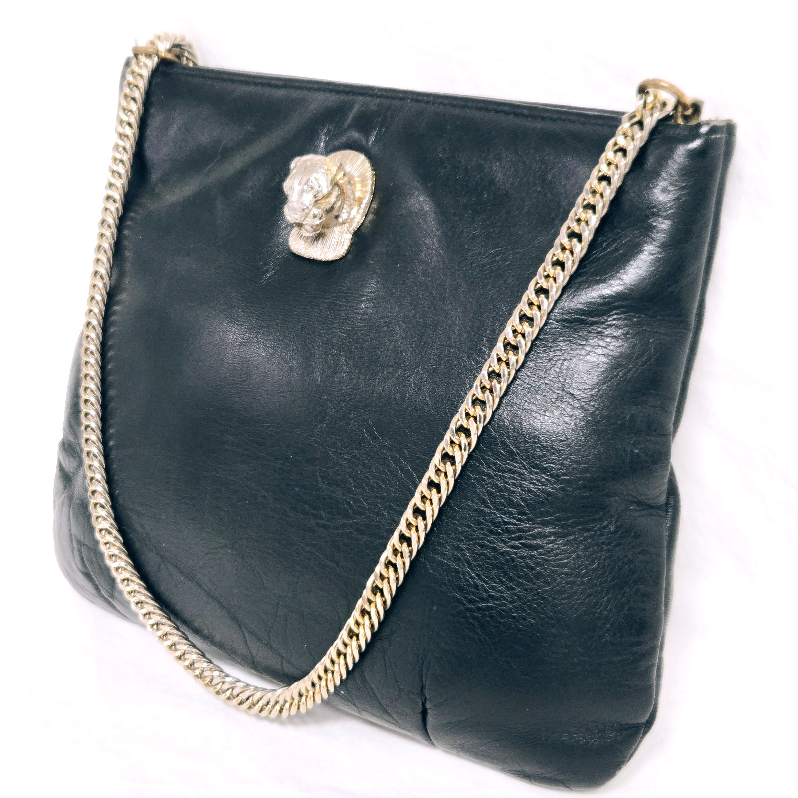 Ruth Saltz 1970s Leather Purse Handbag Cougar Motif Convertible Chain Hardware