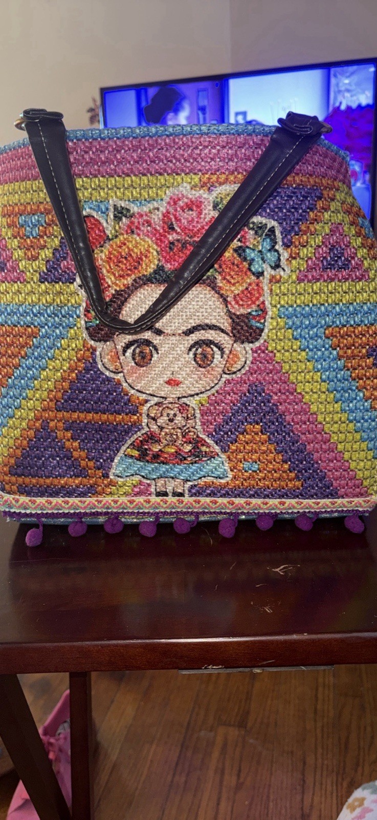 Frida Kahlo Large Embroidered Multicolor Zip Tote w/ Detachable Strap