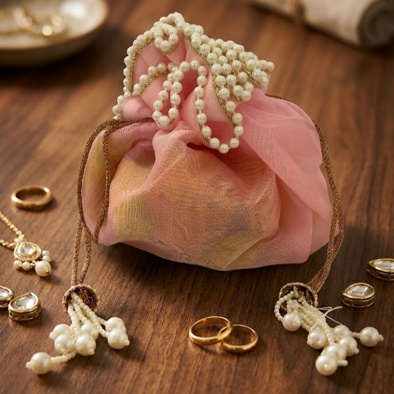 Indian Organza Dryfruit Wedding favor with Pearl Lace and Latkan