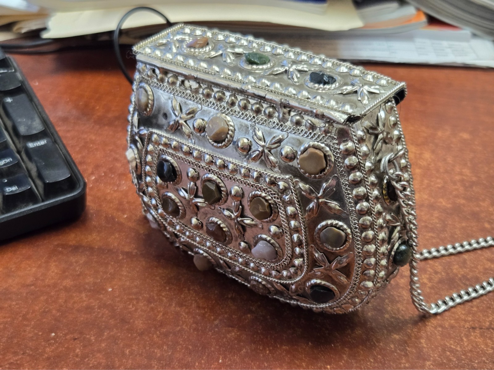 HANDMADE GEMSTONE CLUTCH VINTAGE BRASS METAL PURSE