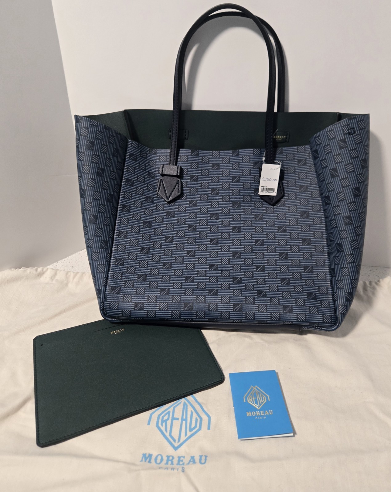 MOREAU PARIS Vincennes Medium Tote Calfskin Navy Blue + Green w/ Dust Bag NEW!