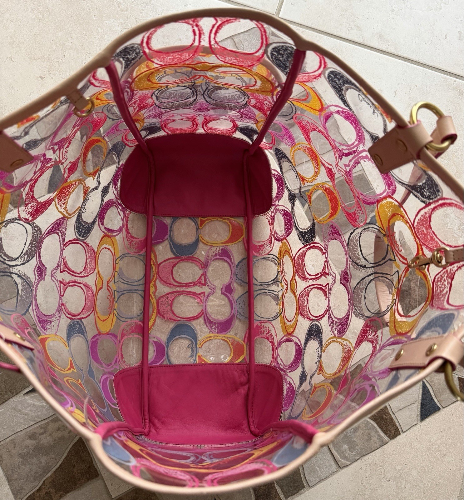 COACH MULTICOLOR SIGNATURE PVD CLEAR TRANSPARENT XLARGE TOTE 22513
