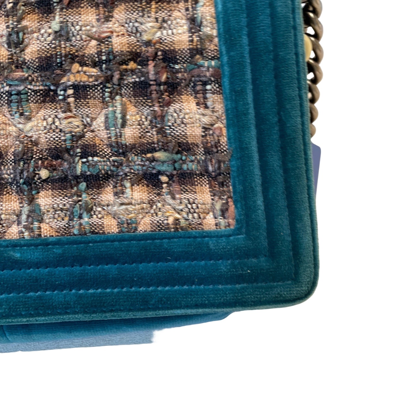 Chanel Le Boy Edinburgh Green Tweed Velvet Chain Bag Pre-Owned