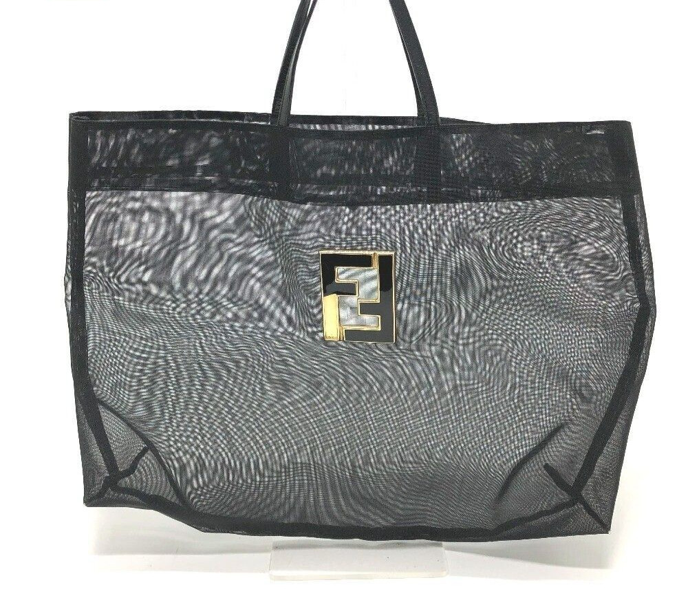 Fendi FF hardware mesh tote bag nylon black 12.2*15.3*4.3 inch
