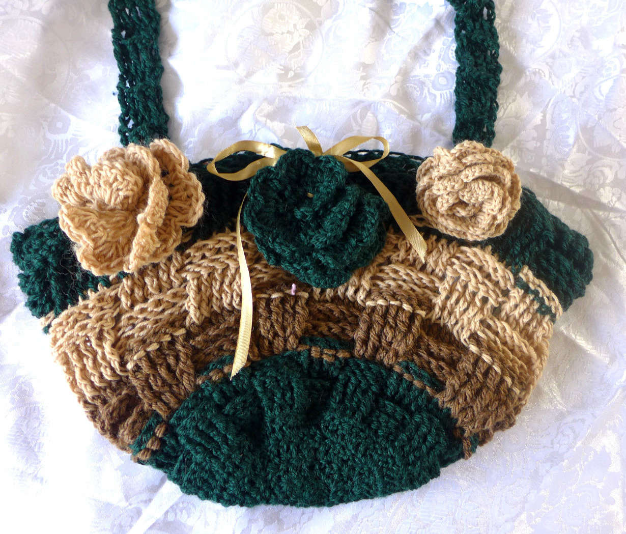 Womens Bag Handmade Crocheted Acrylic Wool With Flowers 12×20 inch Pocket Inside