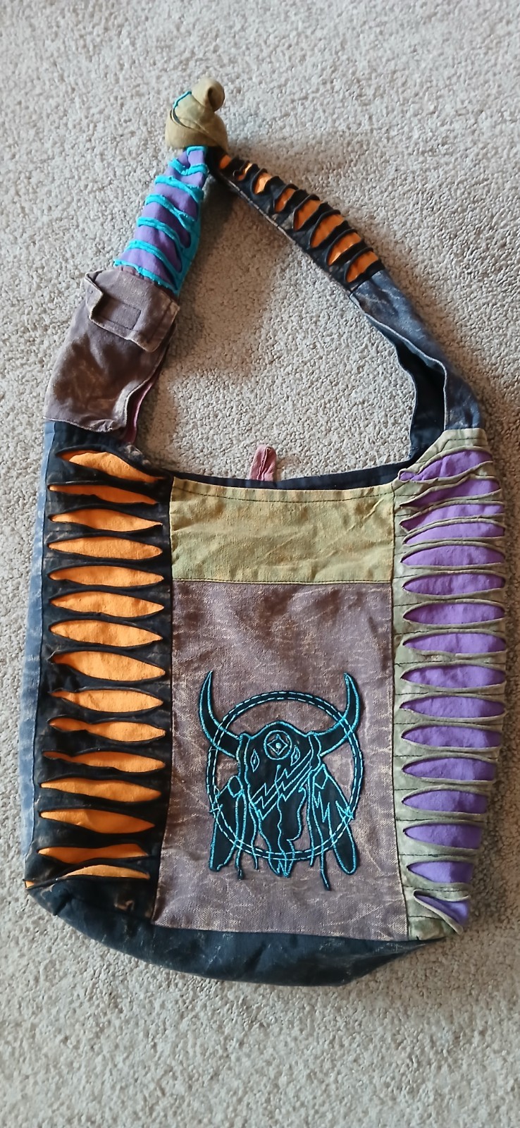 Tote Handbag Cotton Western Bohemian Colorful Zip Pockets Skul