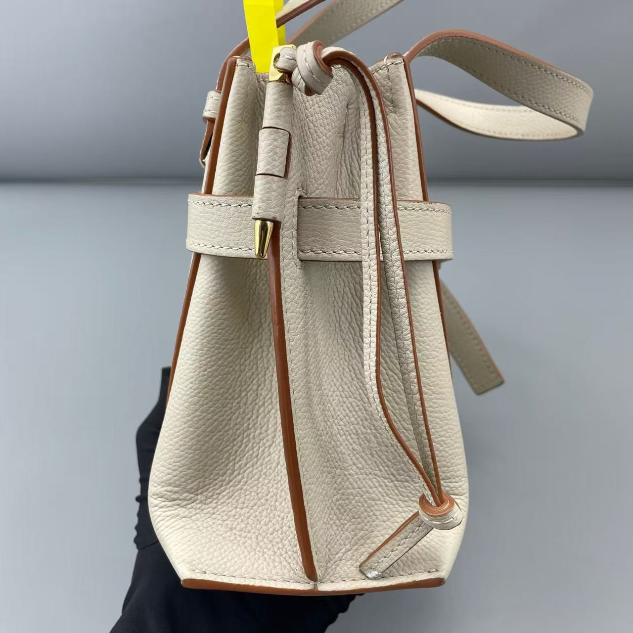 Auth Loewe Small White Grained Calfskin Leather Gate Top Handle Bag Crossbody