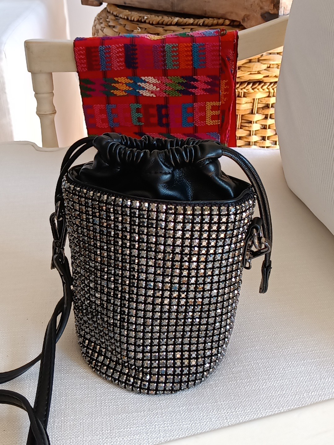 Madison West Rhinestone Crossbody Bag Silver Crystal Mesh, Bucket, Leather Strap