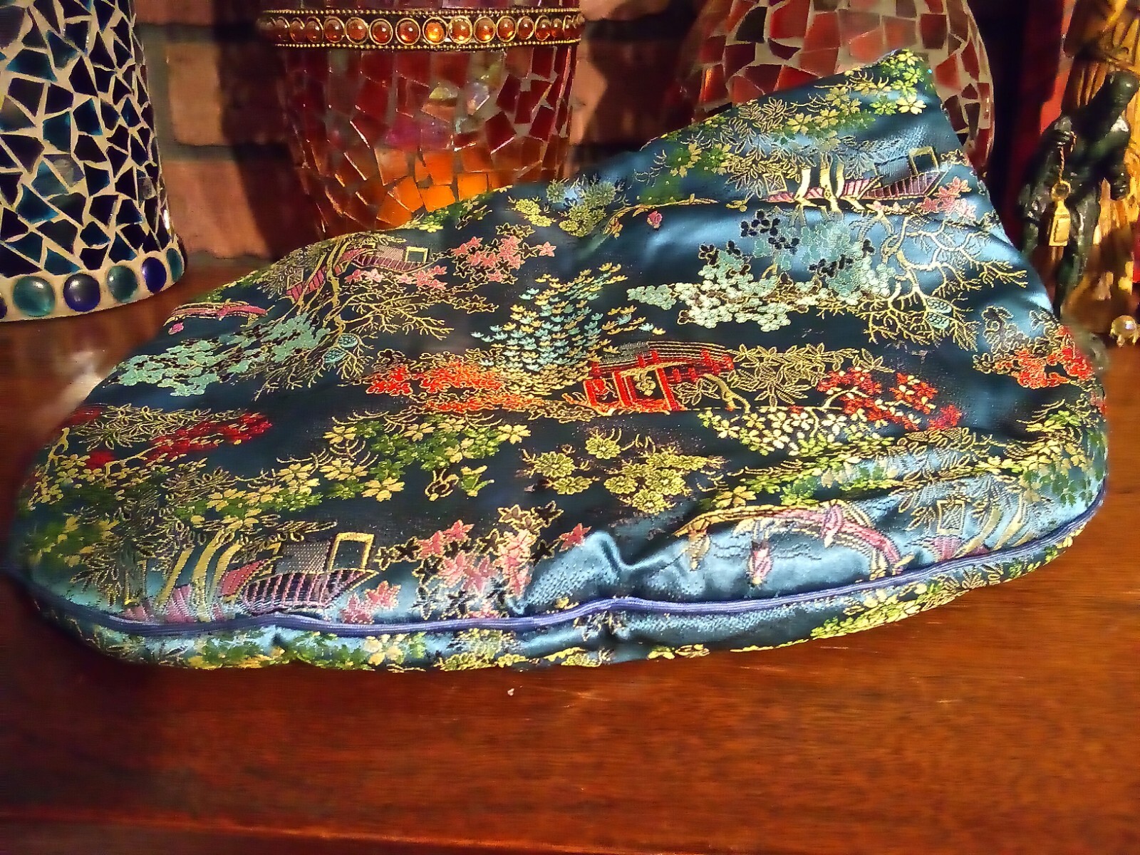 Asian Style Blue Clutch Purse | Boats Flowers Trees | 13″ X 9″
