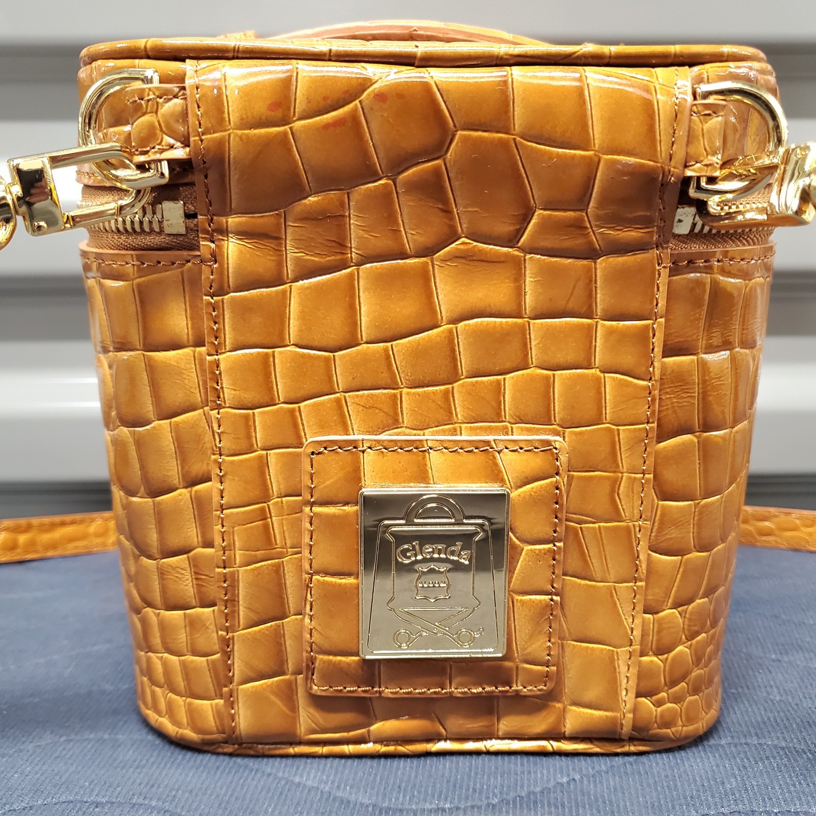 Glenda Bloom Statement Cube Bag Vanity Case Embossed Alligator Leather Lux Chain