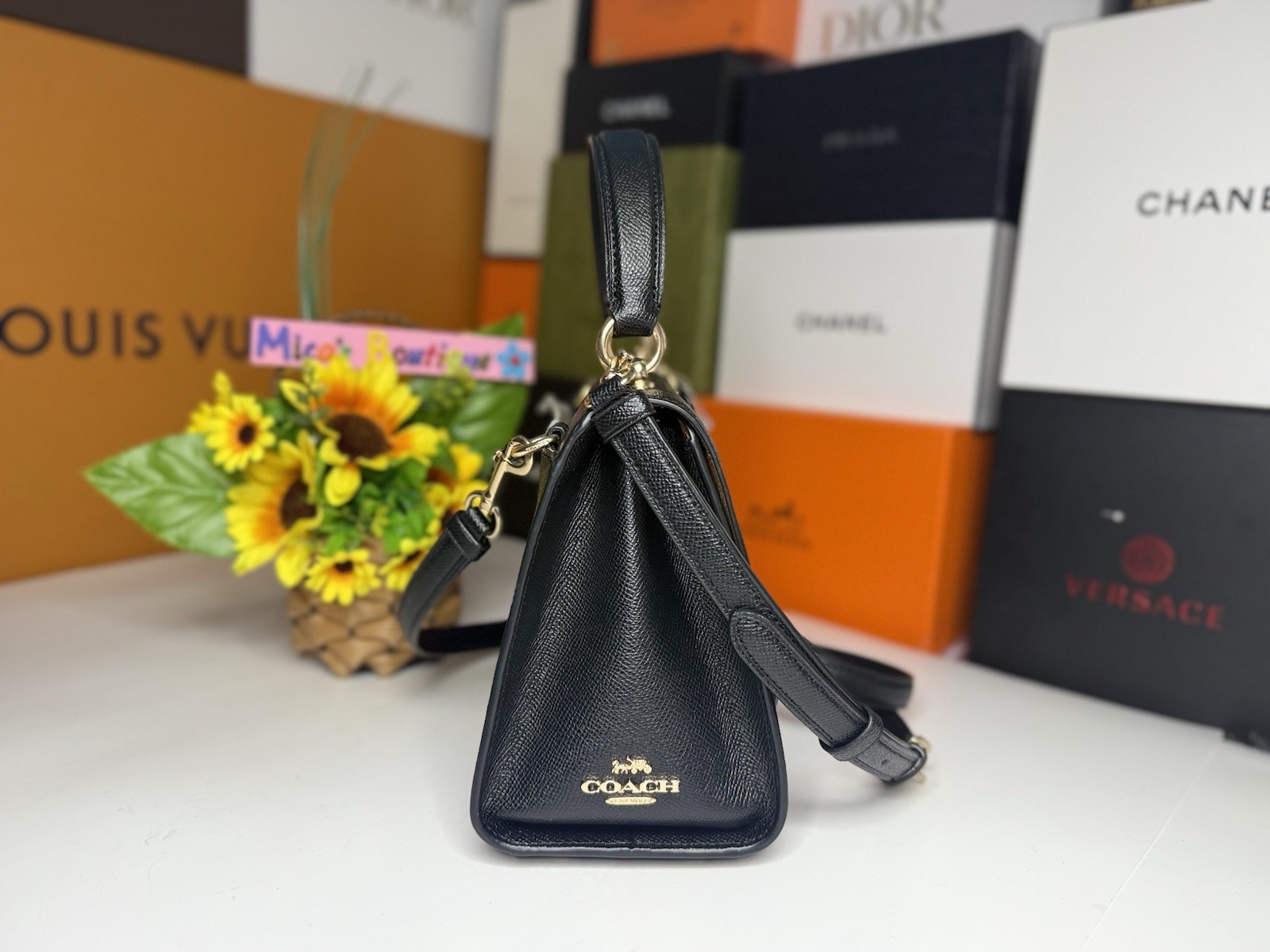🆕COACH Tilly F6618 Black Leather Handbag/Crossbody w/Gold Turn-Lock MSRP:$398