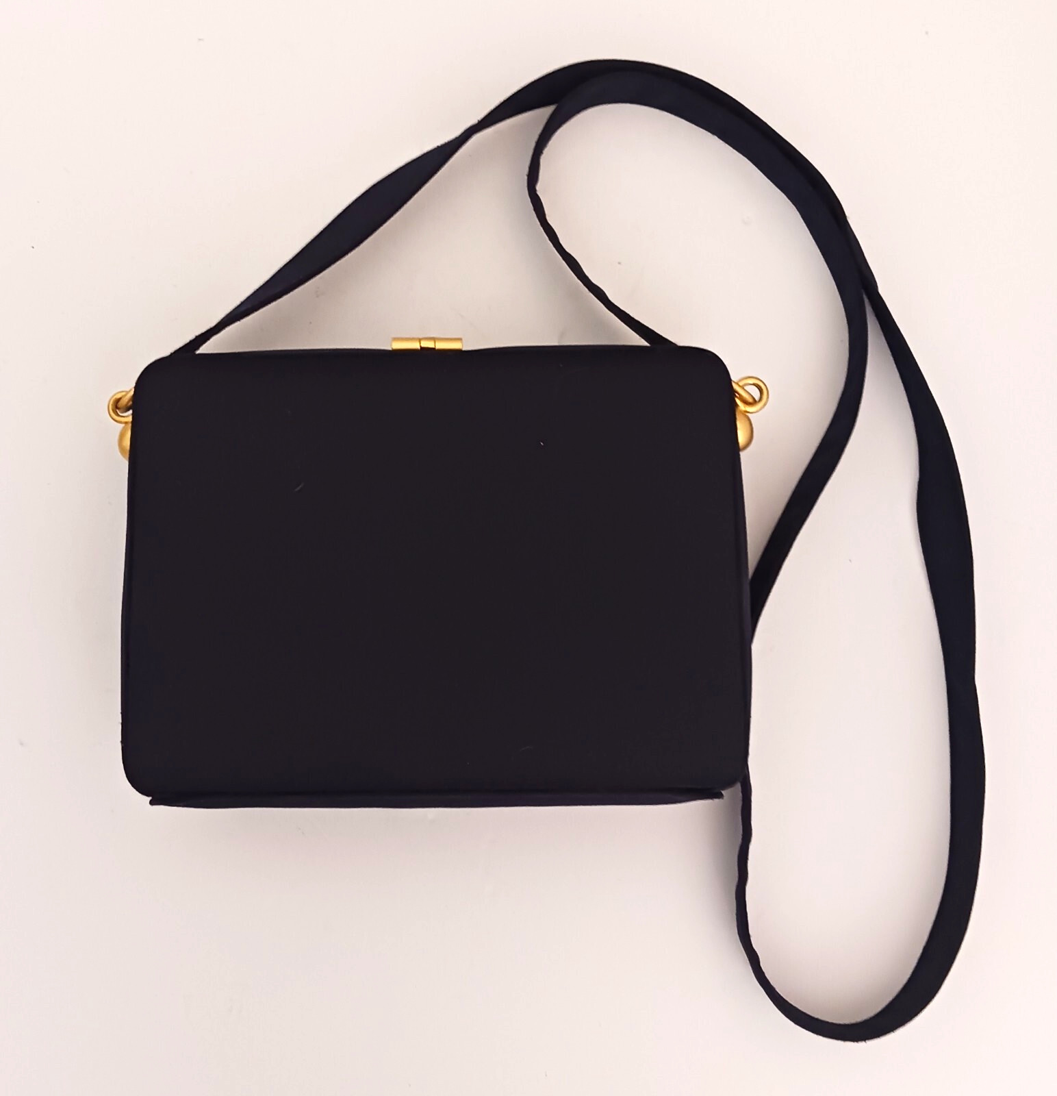 VTG Jay Herbert Blk Box Bag Brushed Gold Top Clasp Crossbody Strap Made Korea